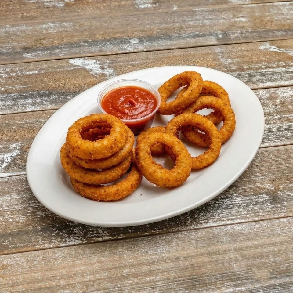 Golden-brown onion rings with a side of red dipping sauce on a white plate.