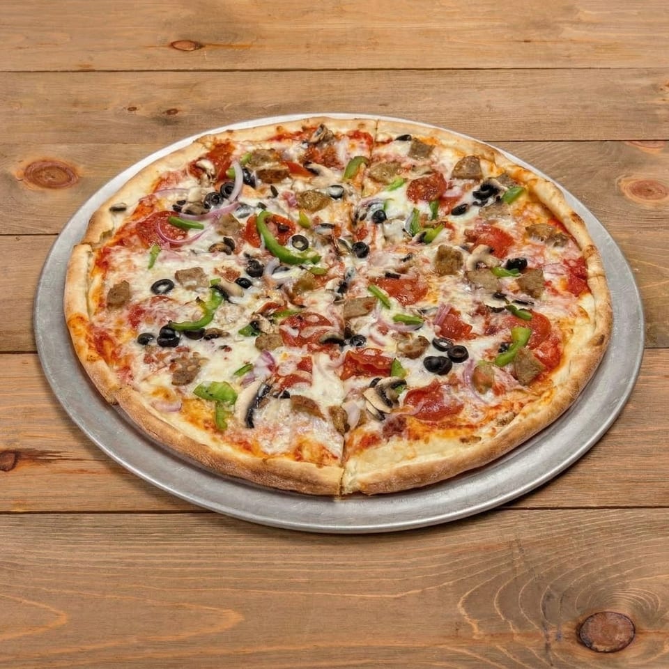 Whole Tomato Joe's pizza with pepperoni, sausage, green peppers, onions, mushrooms, and olives.