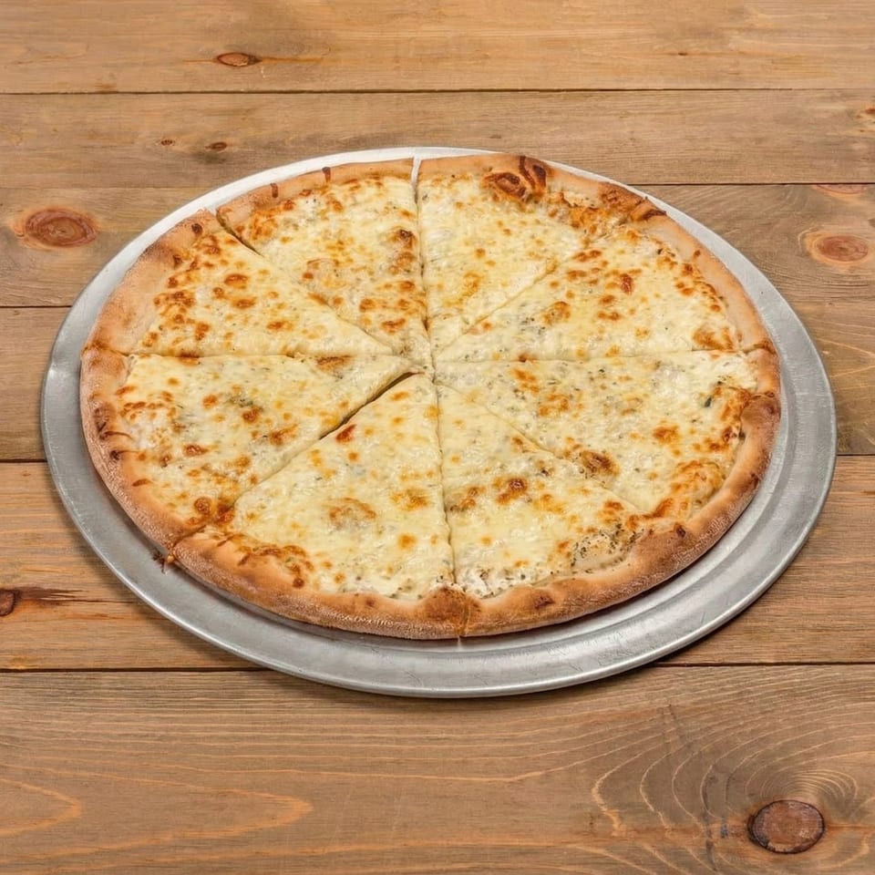 A whole cheese pizza, cut into eight slices, on a metal pan over a wooden table.